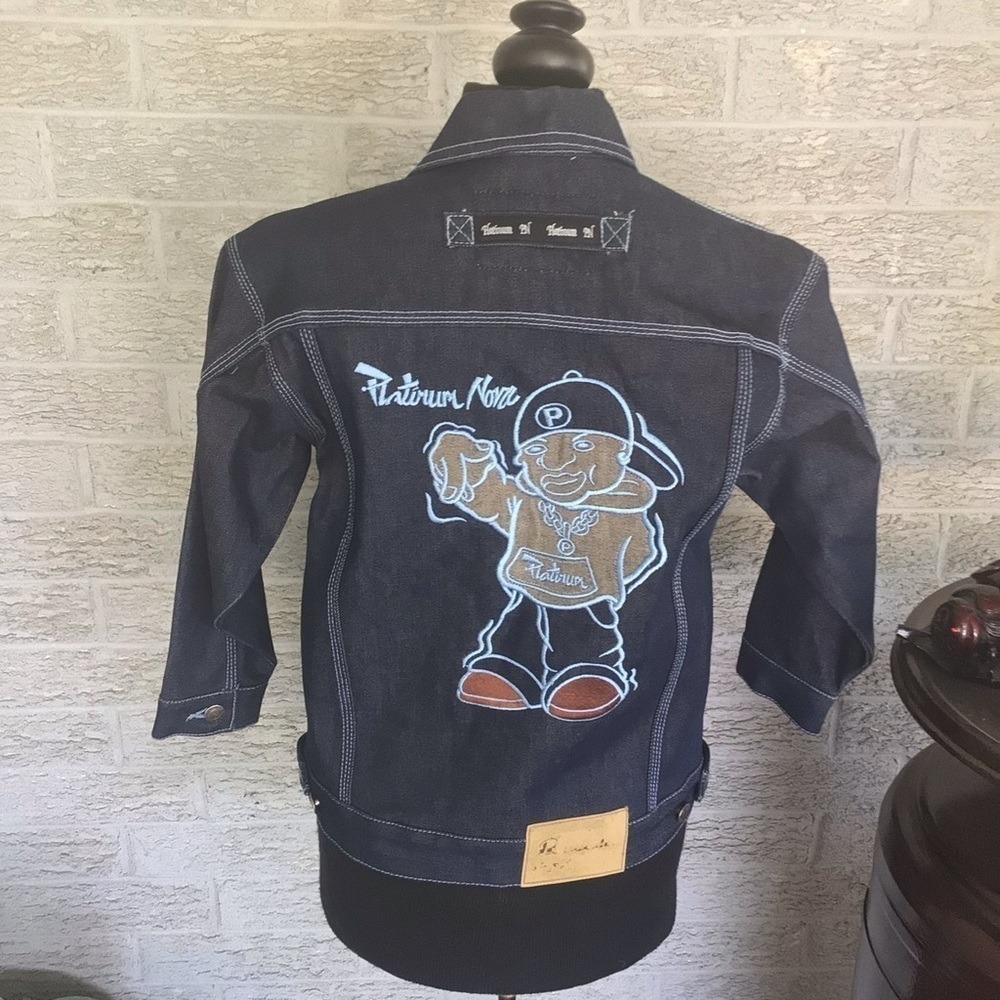 Platinum Nova Jean Boys Large 6/7 Dark Wash Denim Jacket Embroidered Hip Hop Y2K